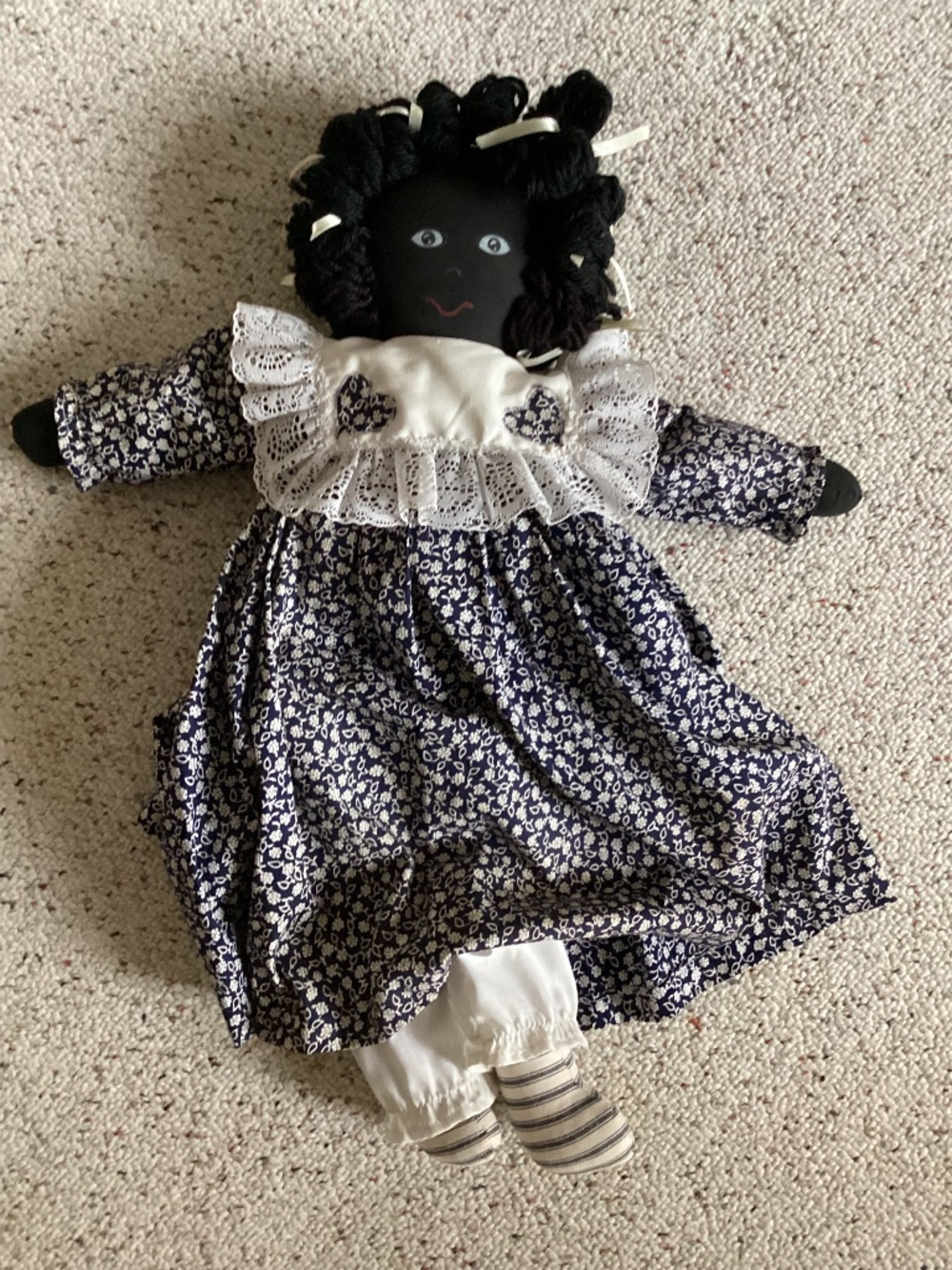 Vintage 23 Inch African American Primitive Rag Doll in Blue Calico Dress